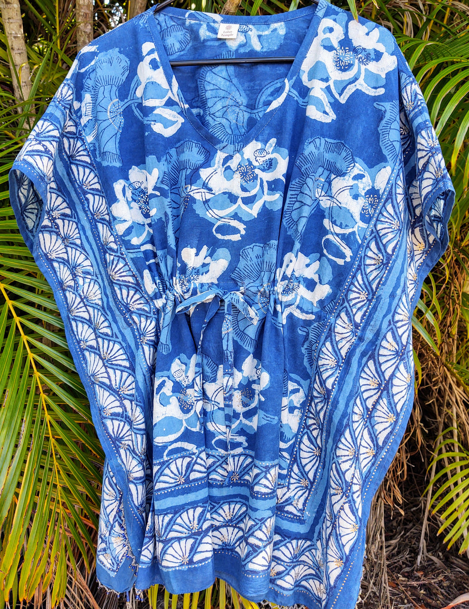 Organic 100 Cotton Indigo Lotus Flower Anokhi Hand Block Print Kaftan