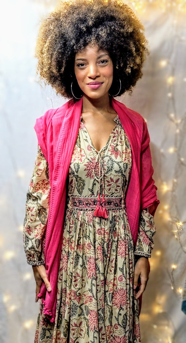 Boho Dress Coral Pink /Cream Floral Block Print & custom Pink