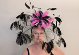 Black ostrich feathers, wheel design on a black headband with hair comb with flower crown of fushia feathers with crystal back netting, bespoke design 