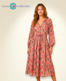 Boho Dress Coral Pink /Cream Floral Block Print & custom color pink