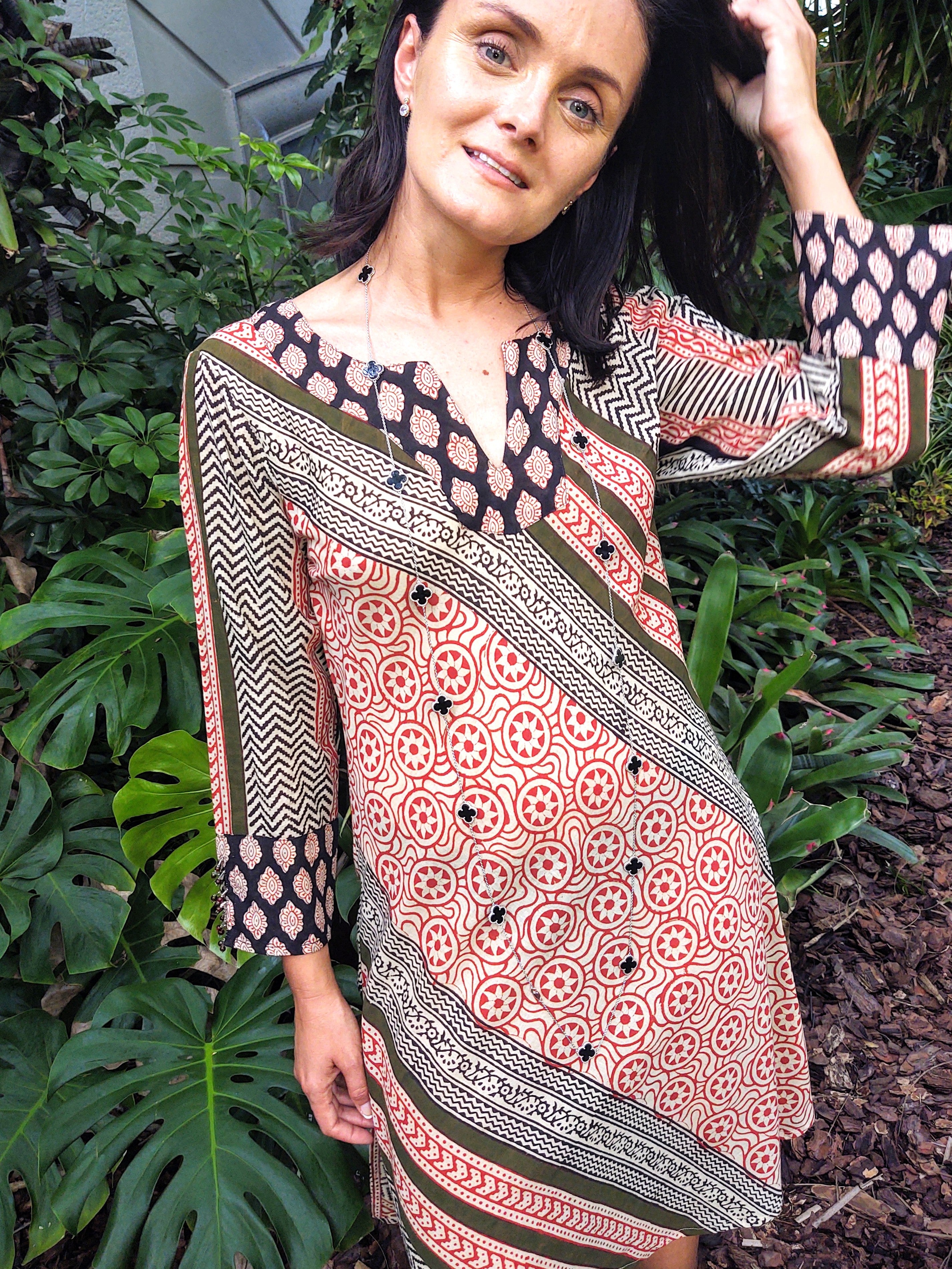 Black/ Burnt Red/ Sage /Beige Bias Stripe Tunic Top/ Dress