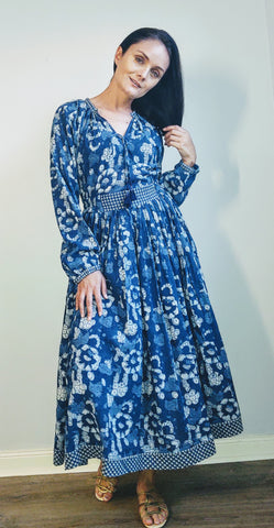 Boho Dress Indigo/ White Floral Block Print Lotus Temple Collection Boho Dress Indigo/ White Floral Block Print Lotus Temple Collection