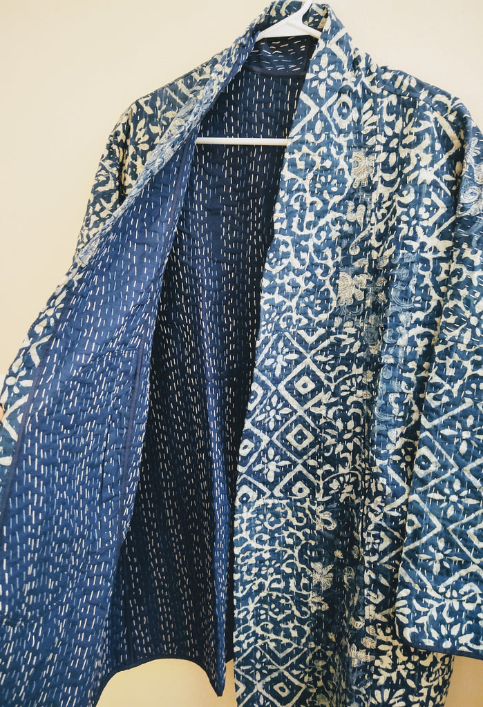 Indigo Patchwork Block Print Quilted Jacket – Lotus Temple Collection