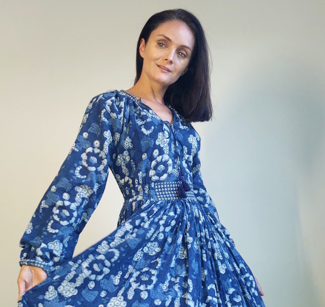 Boho Dress Indigo/ White Floral Block Print Lotus Temple Collection Boho Dress Indigo/ White Floral Block Print Lotus Temple Collection